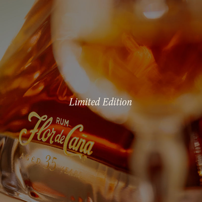 FlordeCana rum bottle with 'Limited Edition' text on a blurred background
